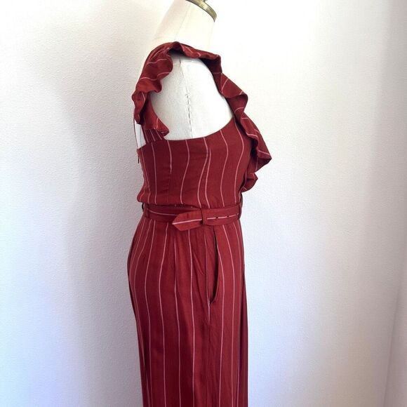 Three Floor Margaux Jumpsuit Rust Striped One-Shoulder Ruffle Belted Size 4 - Picture 11 of 15